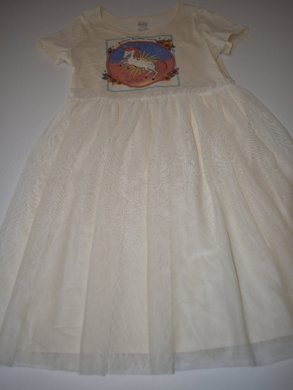 Wonder Nation Girls XL 14-16 Unicorn Tulle Dress Radiate Positive Energy Ivory